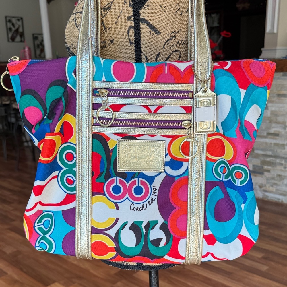 RARE Y2K Coach poppy tote bright and vibrant colors with gold accents - Picture 1 of 10